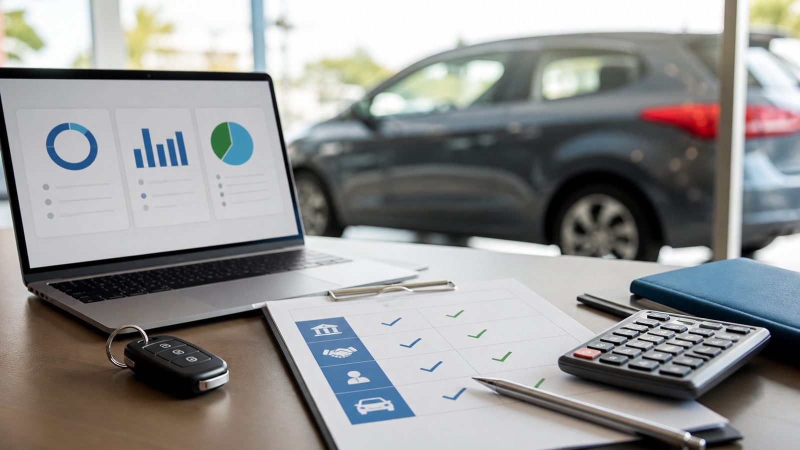Auto financing alternatives checklist with calculator, car keys and a vehicle outside an Ontario dealership window