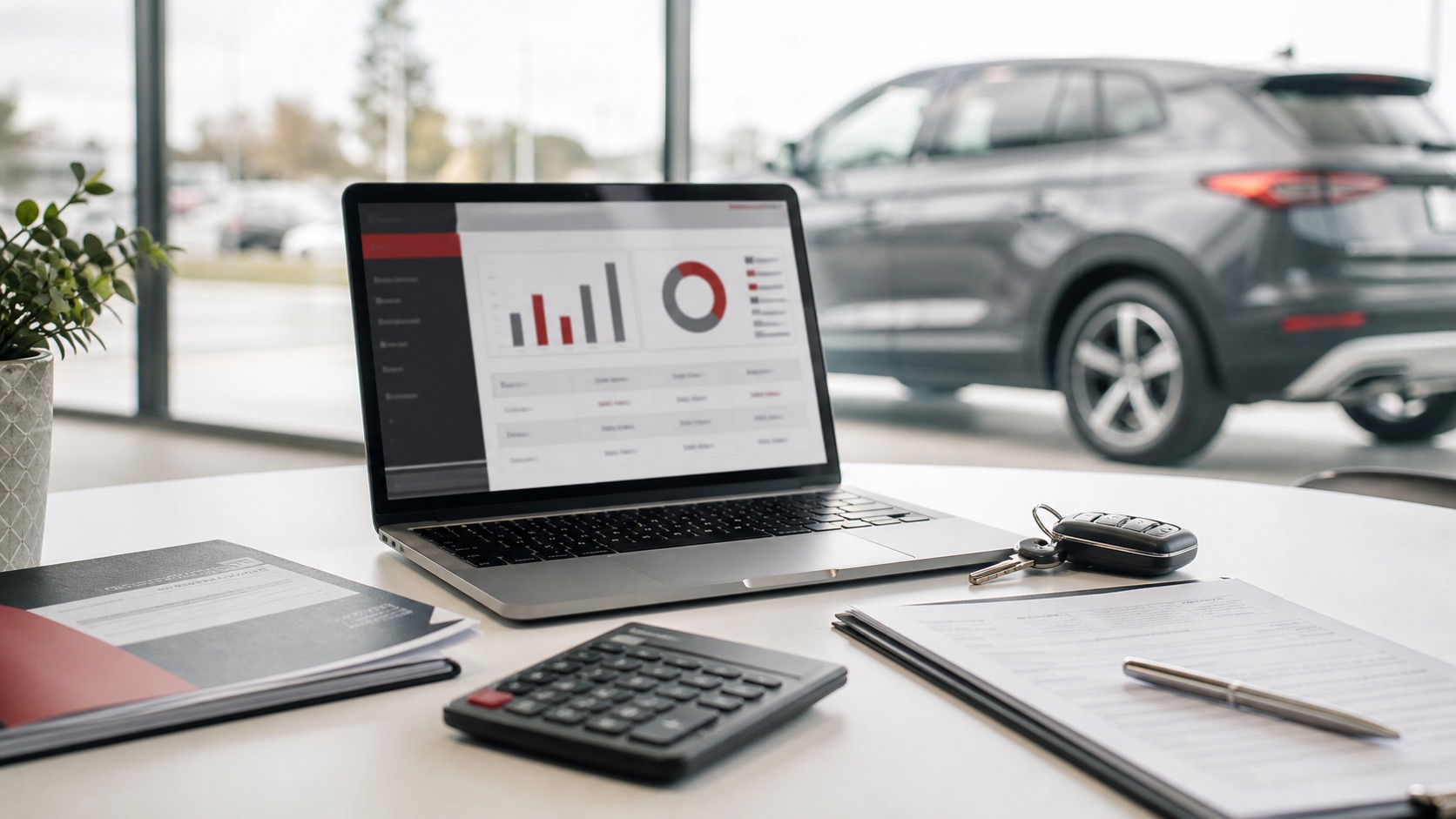 Laptop with auto loan comparison charts, vehicle keys and financing paperwork on a dealership desk