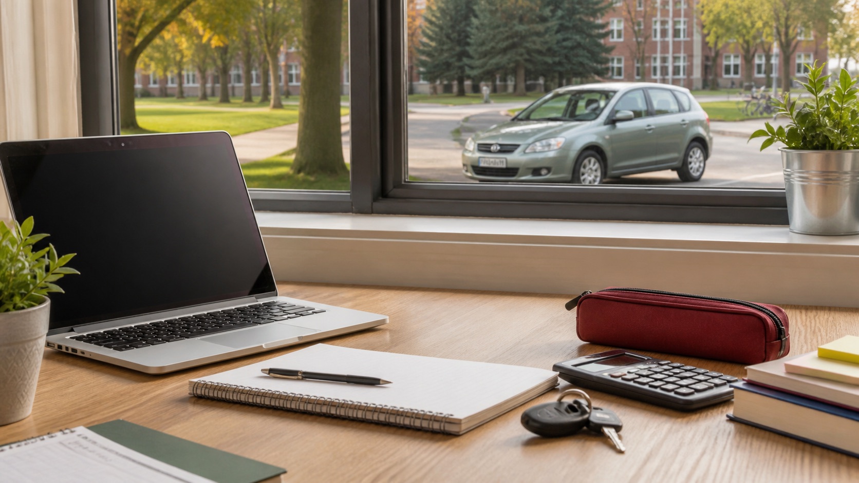 Student desk with laptop, notebook, calculator, car keys and a modest compact car outside a campus window