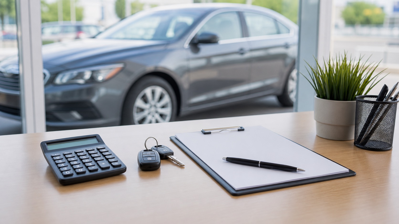 Car loan calculator, keys and blank application forms on a dealership finance desk
