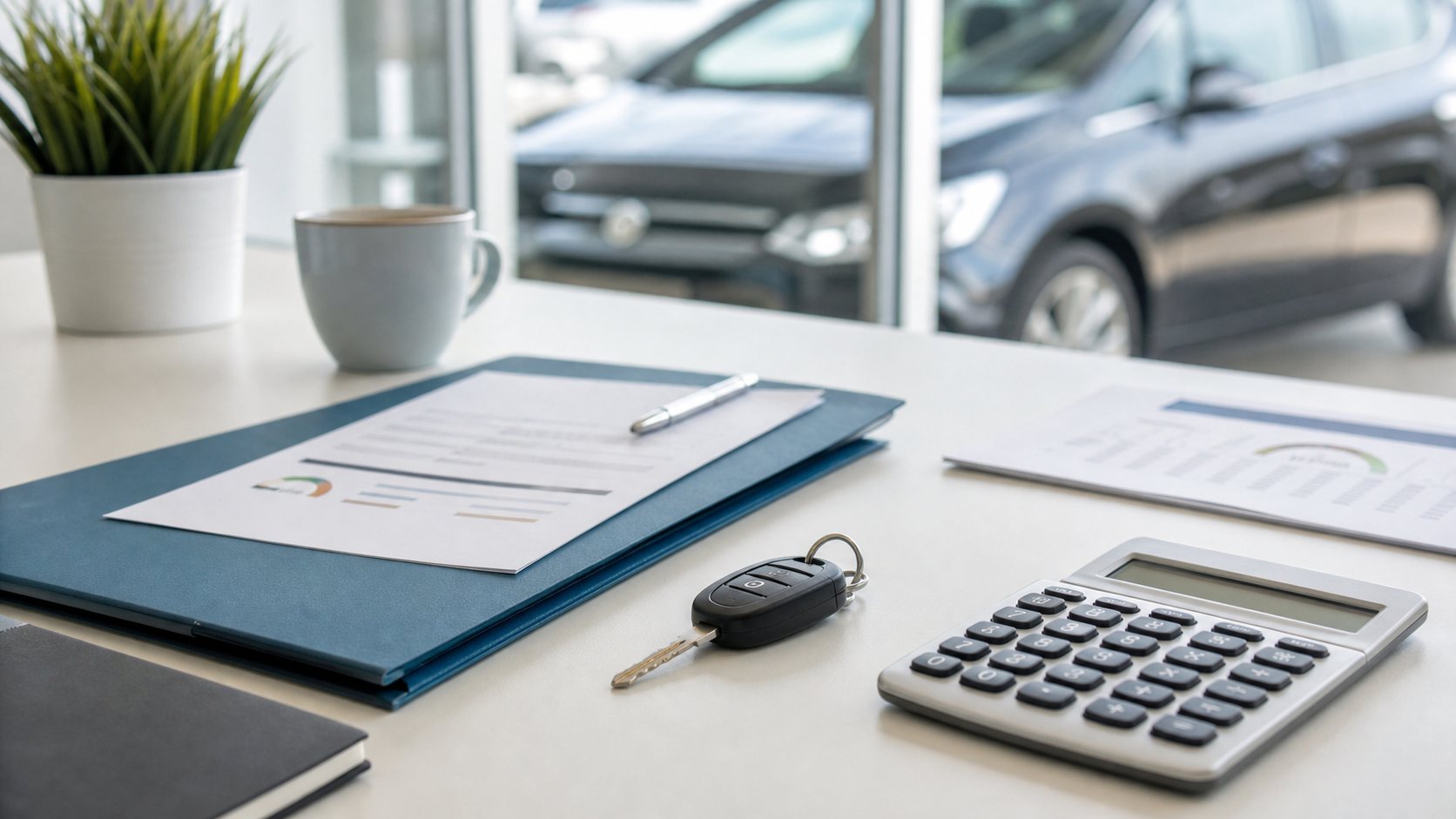 Auto financing documents, calculator and car keys on a desk after a bankruptcy recovery review