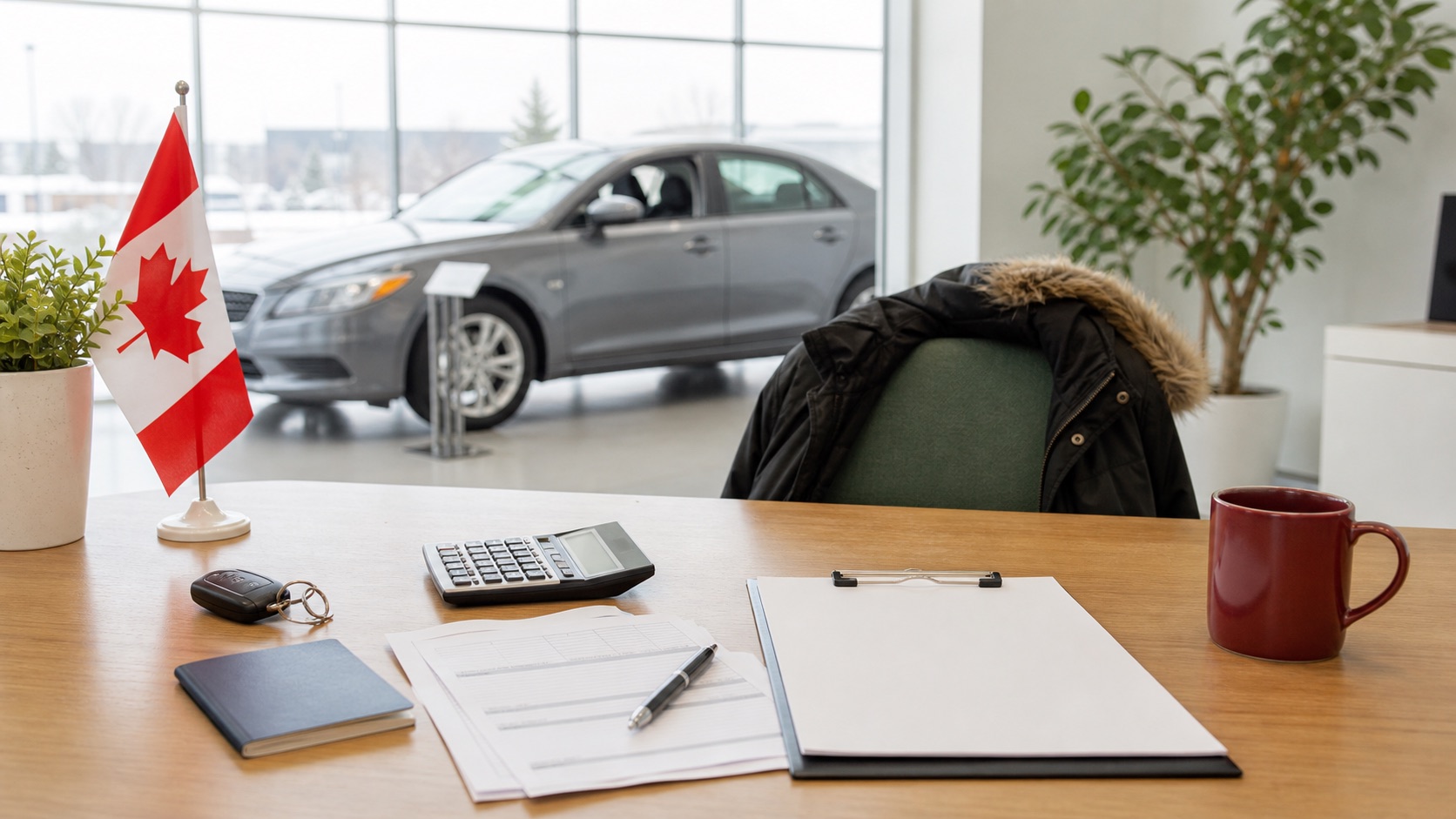 Car loan paperwork, keys and Canadian newcomer documents on a dealership desk