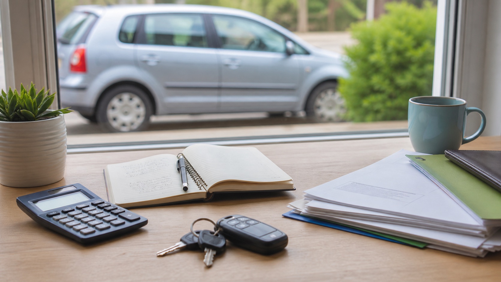 Car keys, calculator and budget paperwork on a desk for a low down payment car loan