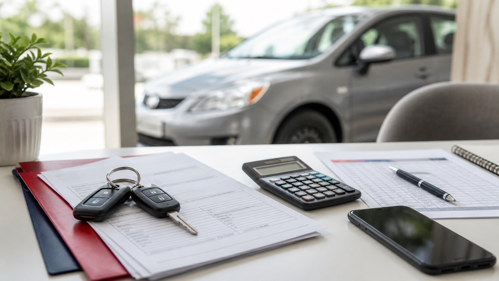 Car keys, calculator and first car loan paperwork on a desk with a modest used car outside