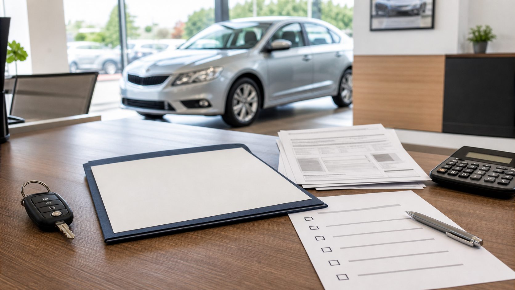 No credit car financing documents, checklist, keys and calculator on a Windsor dealership desk