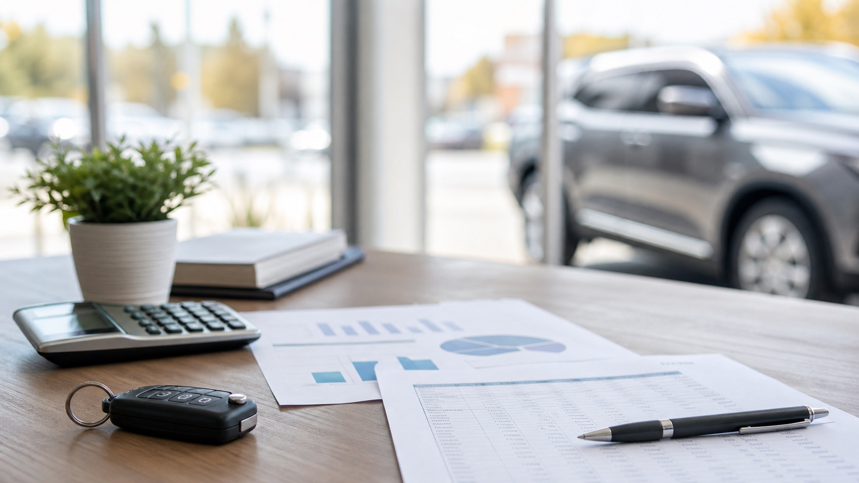 Second chance car loan documents, calculator, pen and keys on an Ontario dealership finance desk