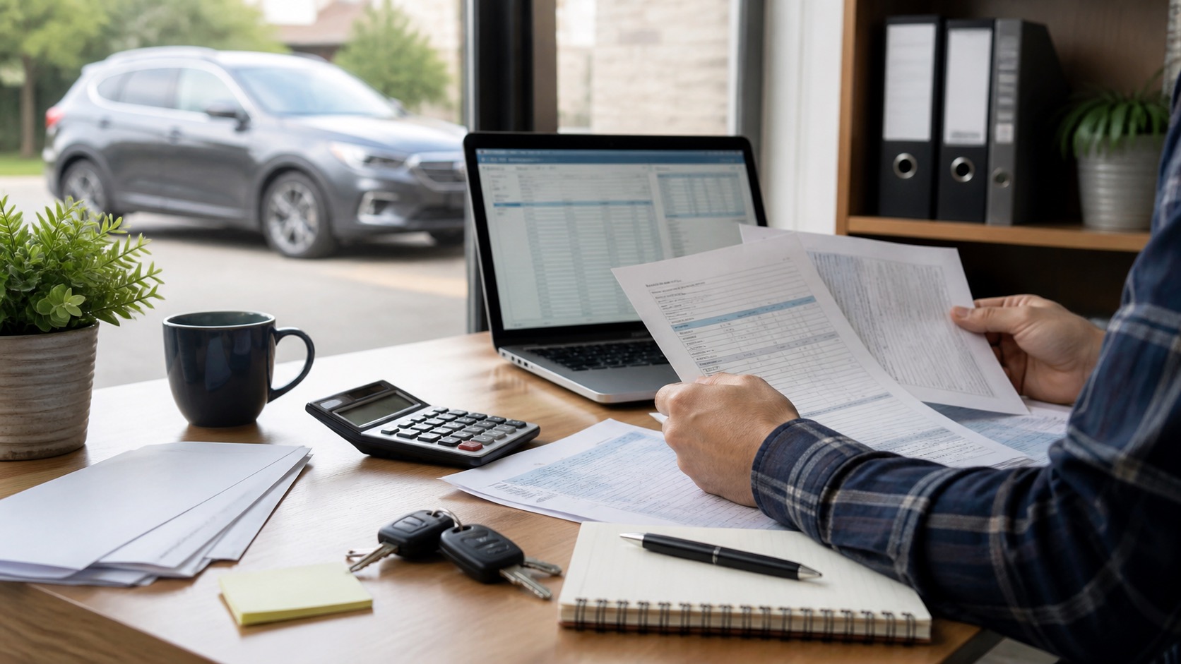 Self-employed borrower reviewing income documents, car keys and calculator for an Ontario car loan