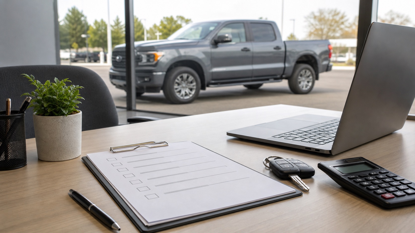 Pickup truck outside a finance office with keys, calculator and loan checklist on a desk