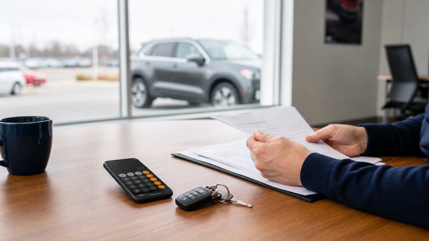 Used car loan paperwork, car keys and a payment calculator on a desk in a Windsor dealership