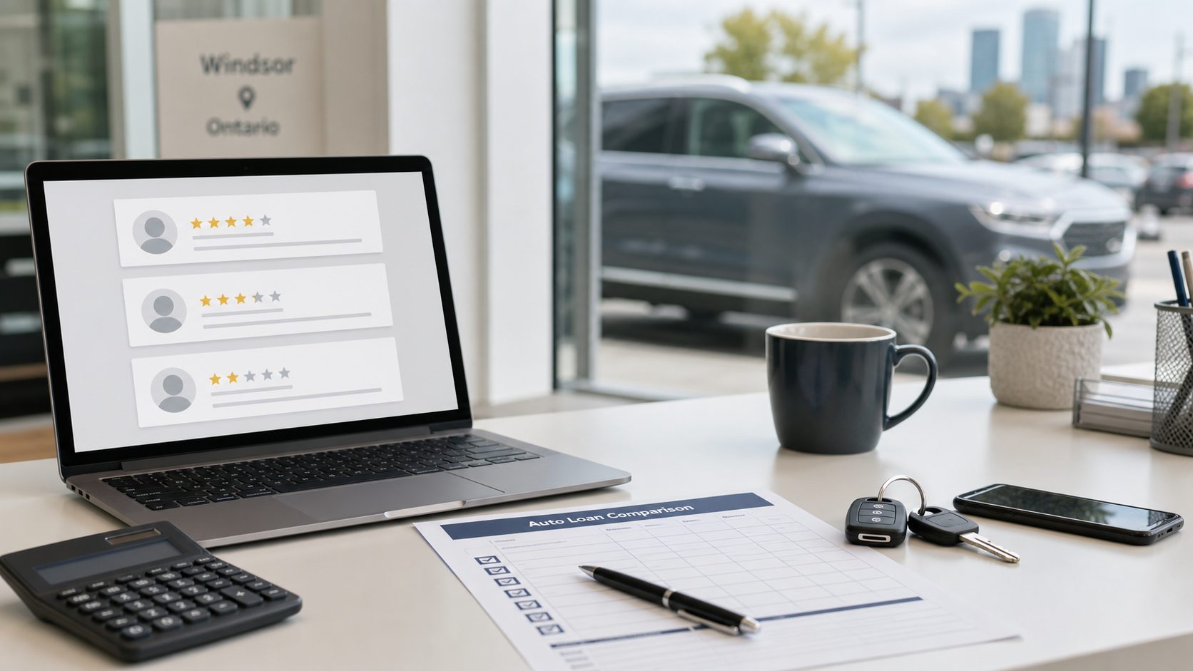 Laptop with auto loan review cards beside a loan comparison checklist, calculator, phone and car keys on a Windsor finance desk