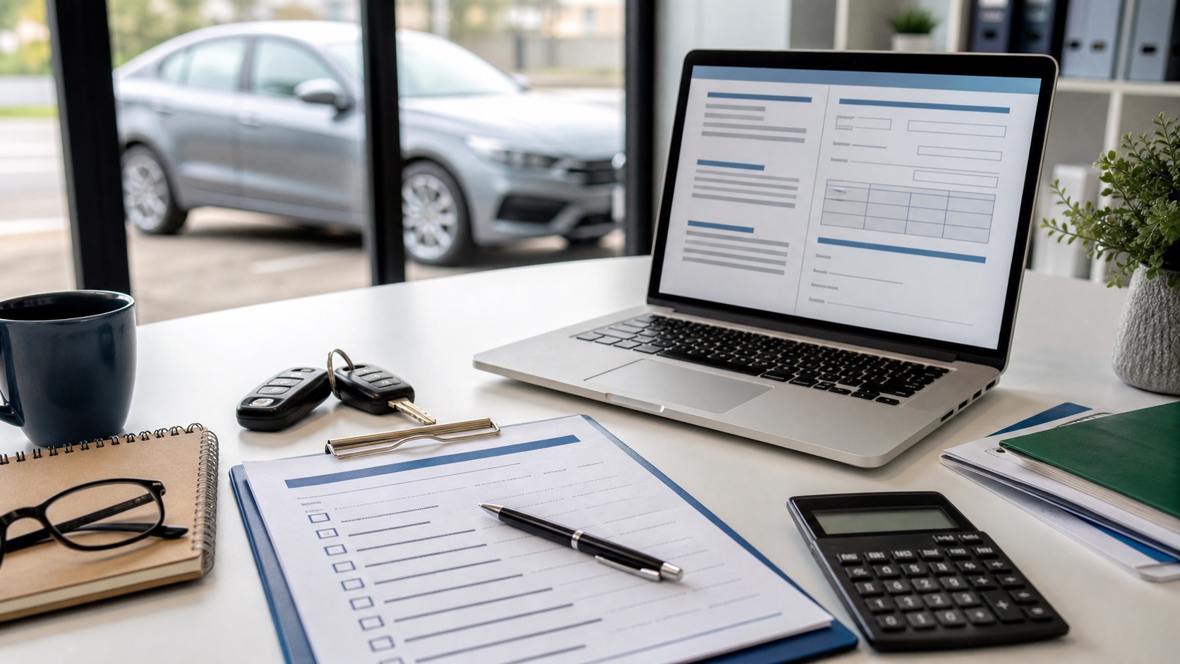 Car keys, finance checklist and laptop arranged on a desk for car loan pre approval preparation