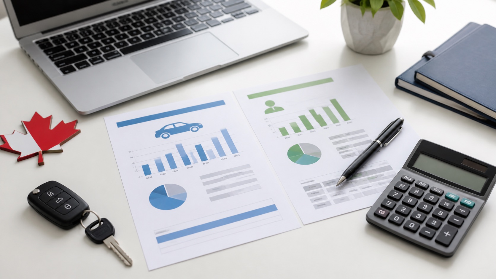 Car keys, calculator and loan comparison sheets on a desk beside a laptop