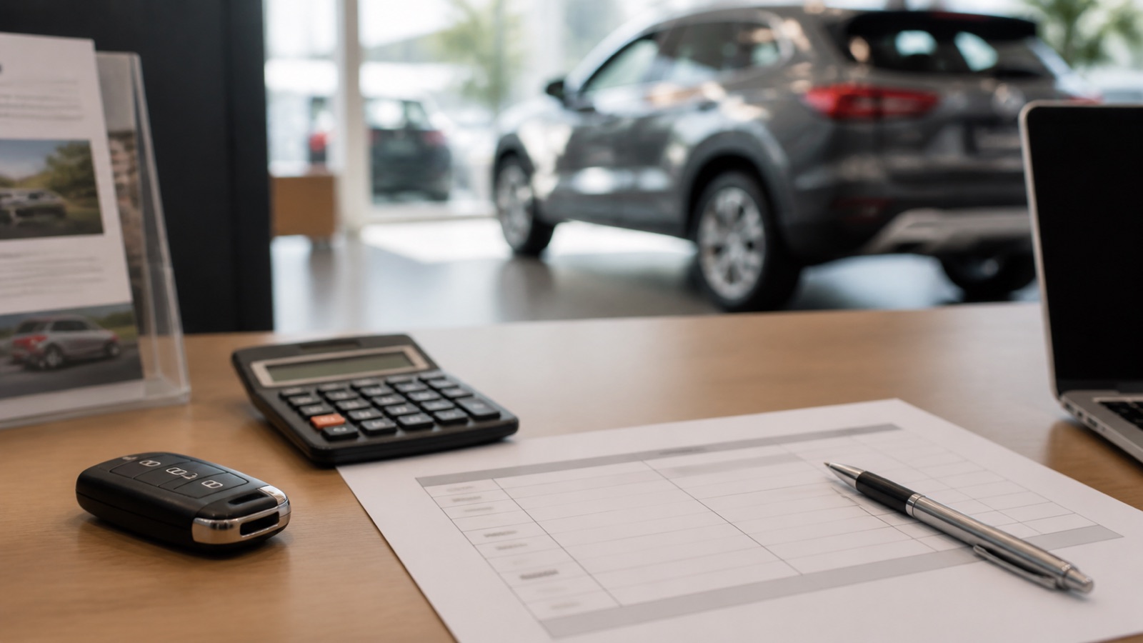 Calculator, car keys and a blank loan comparison worksheet on a dealership finance desk