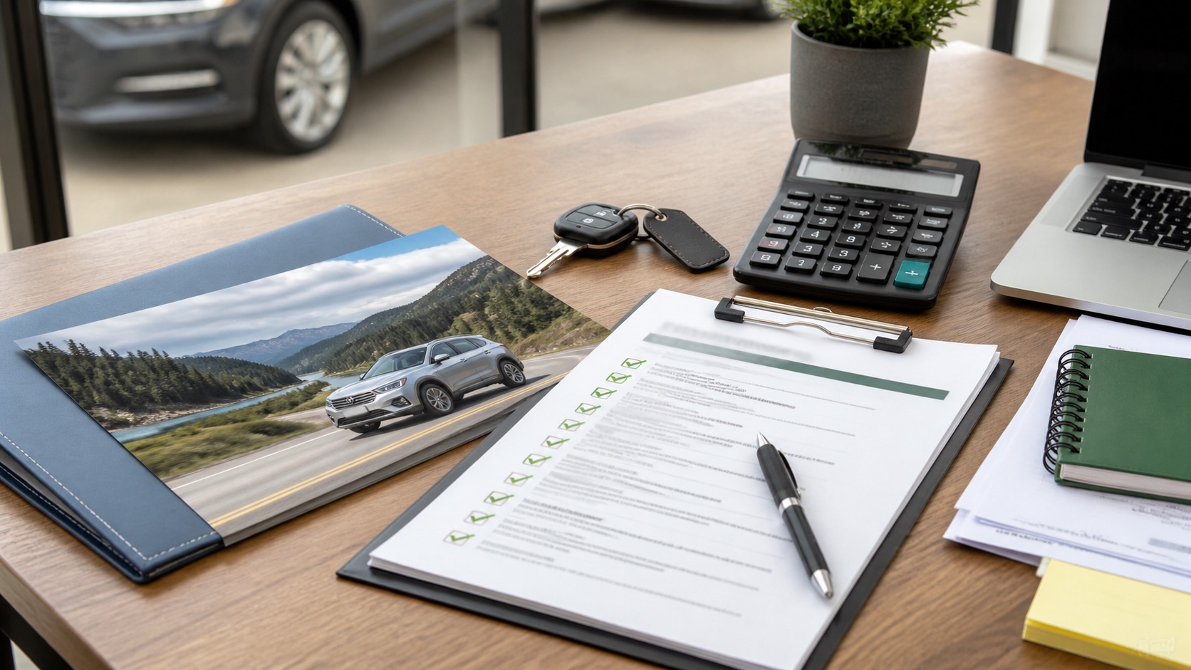 Car keys, calculator and organized auto loan documents on a dealership desk in Ontario