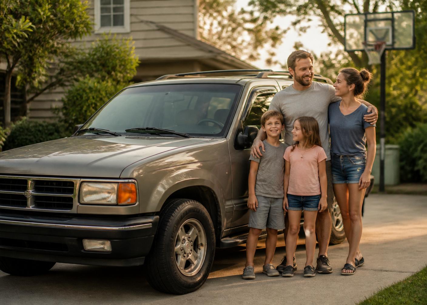 Family standing next to their used SUV in the driveway