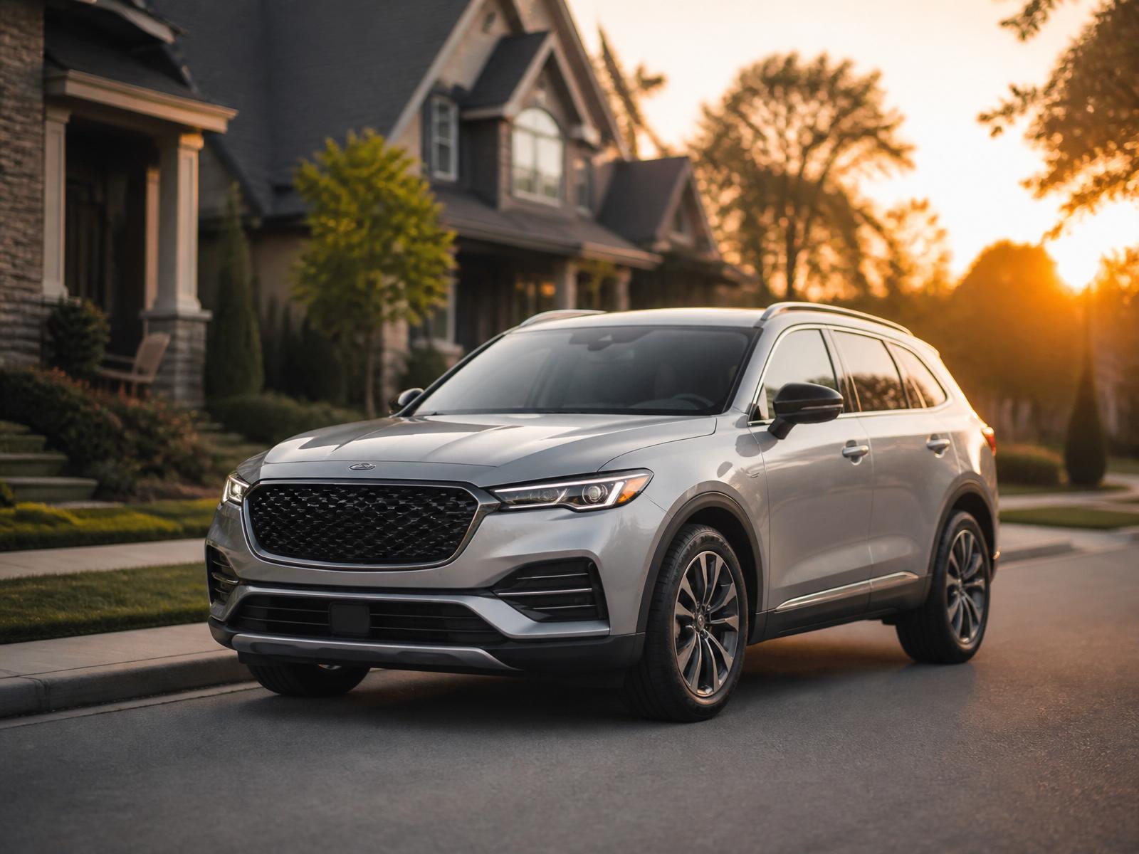 Silver SUV parked on a suburban Windsor street at golden hour