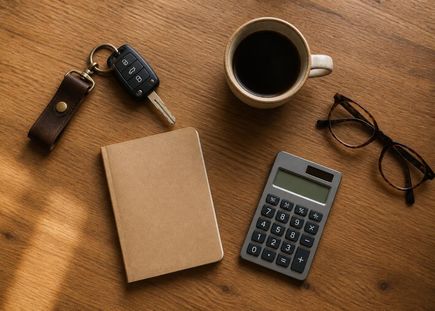 Car keys, notebook and calculator on a wooden desk