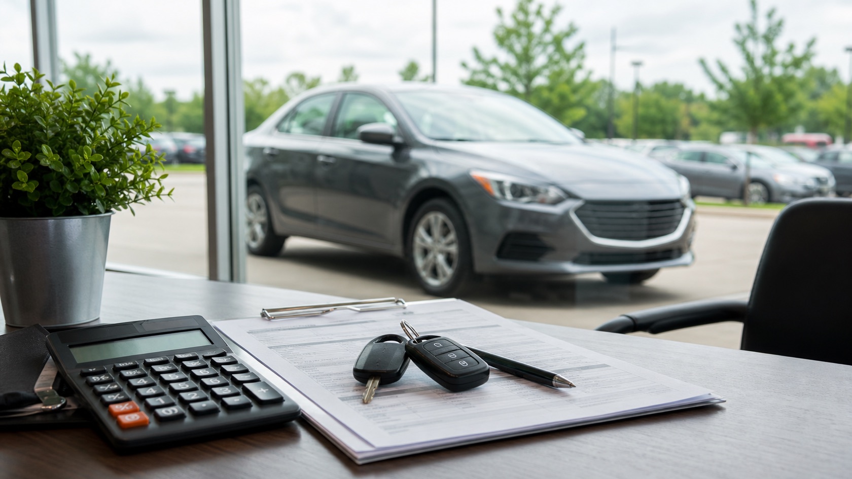 Calculator, car keys and used vehicle loan paperwork on an Ontario dealership desk